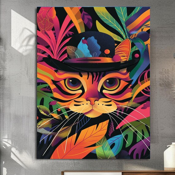 Whimsical Tabby Cat Wall Art Wearing a Hat among Tropical Leaves