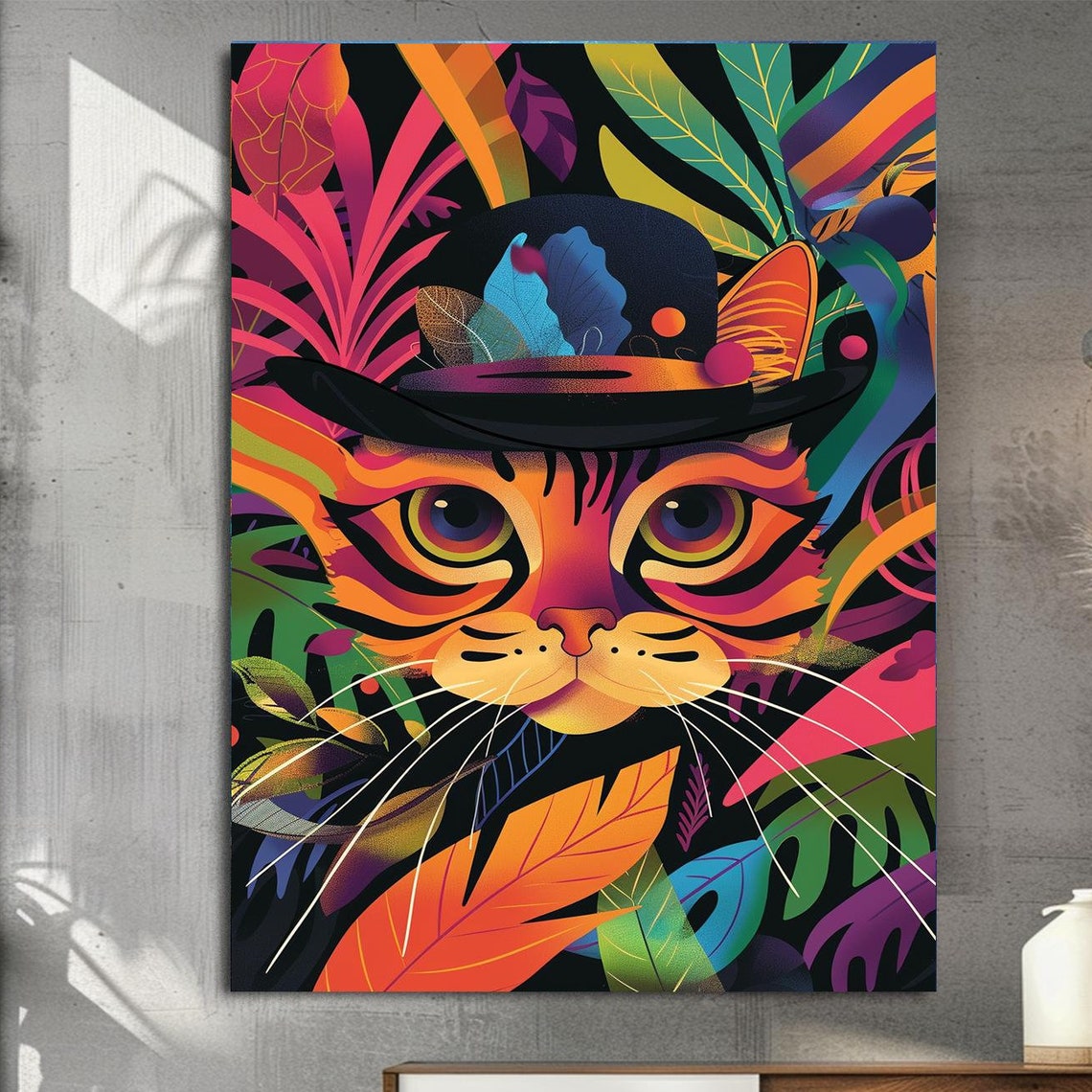 Whimsical Tabby Cat Wall Art Wearing a Hat among Tropical Leaves