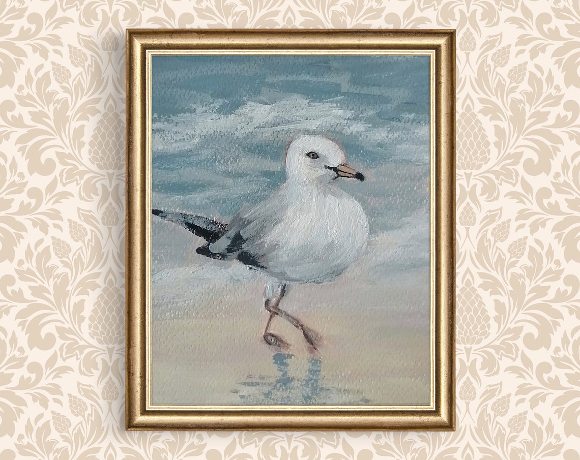White Seagull Walking Along the Shore Coastal Painting Poster - Image 3