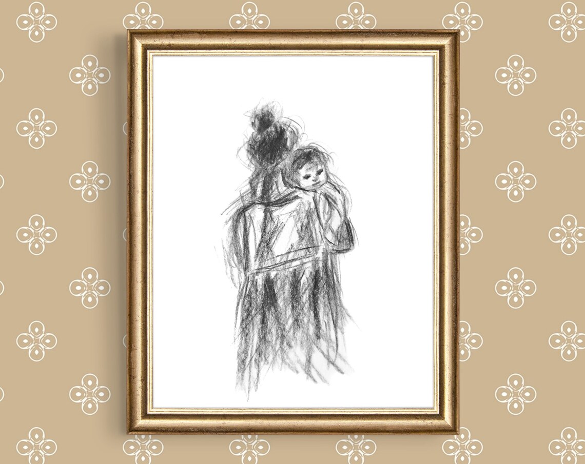 Mother Carrying Baby Minimalist Charcoal Sketch Nursery Poster - Image 3