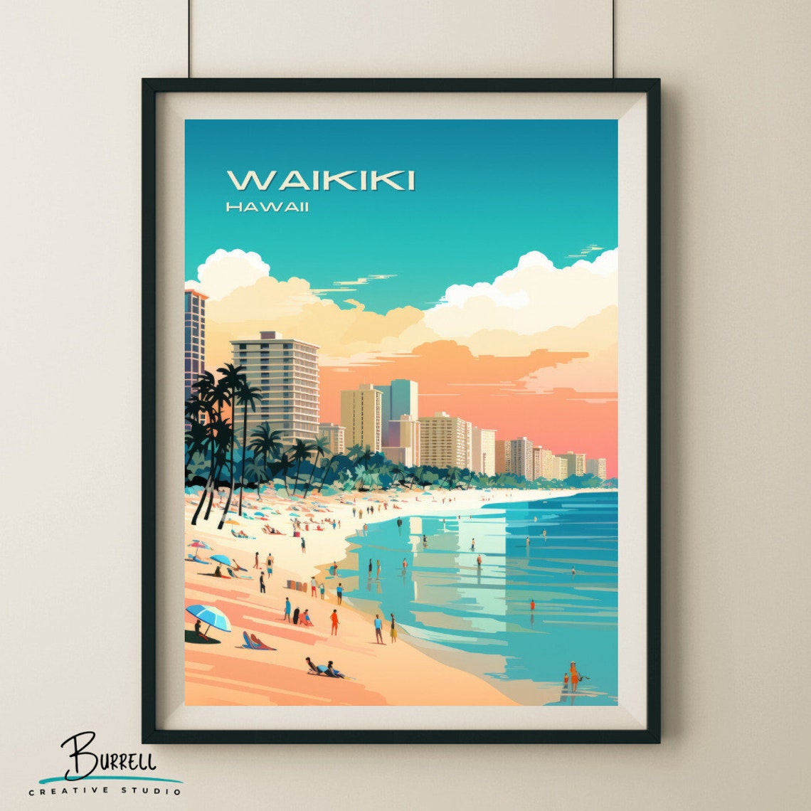 Waikiki Hawaii Beach High Rises Crowded Shore Sunset Travel Poster