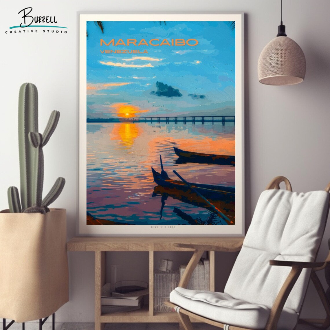 Maracaibo Venezuela Sunset Canoe Lake Bridge Colorful Travel Poster