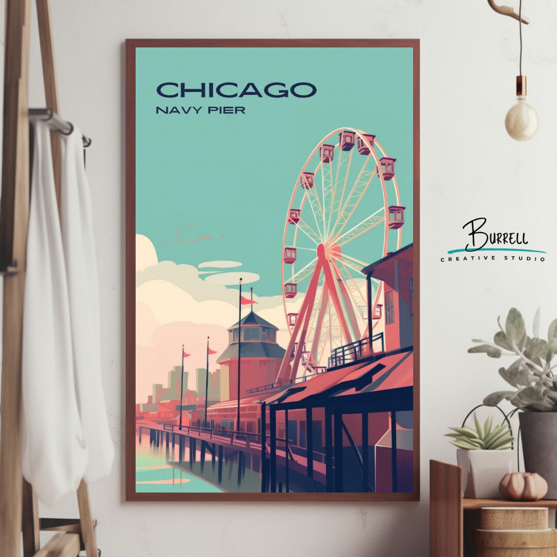 Chicago Navy Pier Ferris Wheel Retro Lakeside Sunset View Poster - Image 4