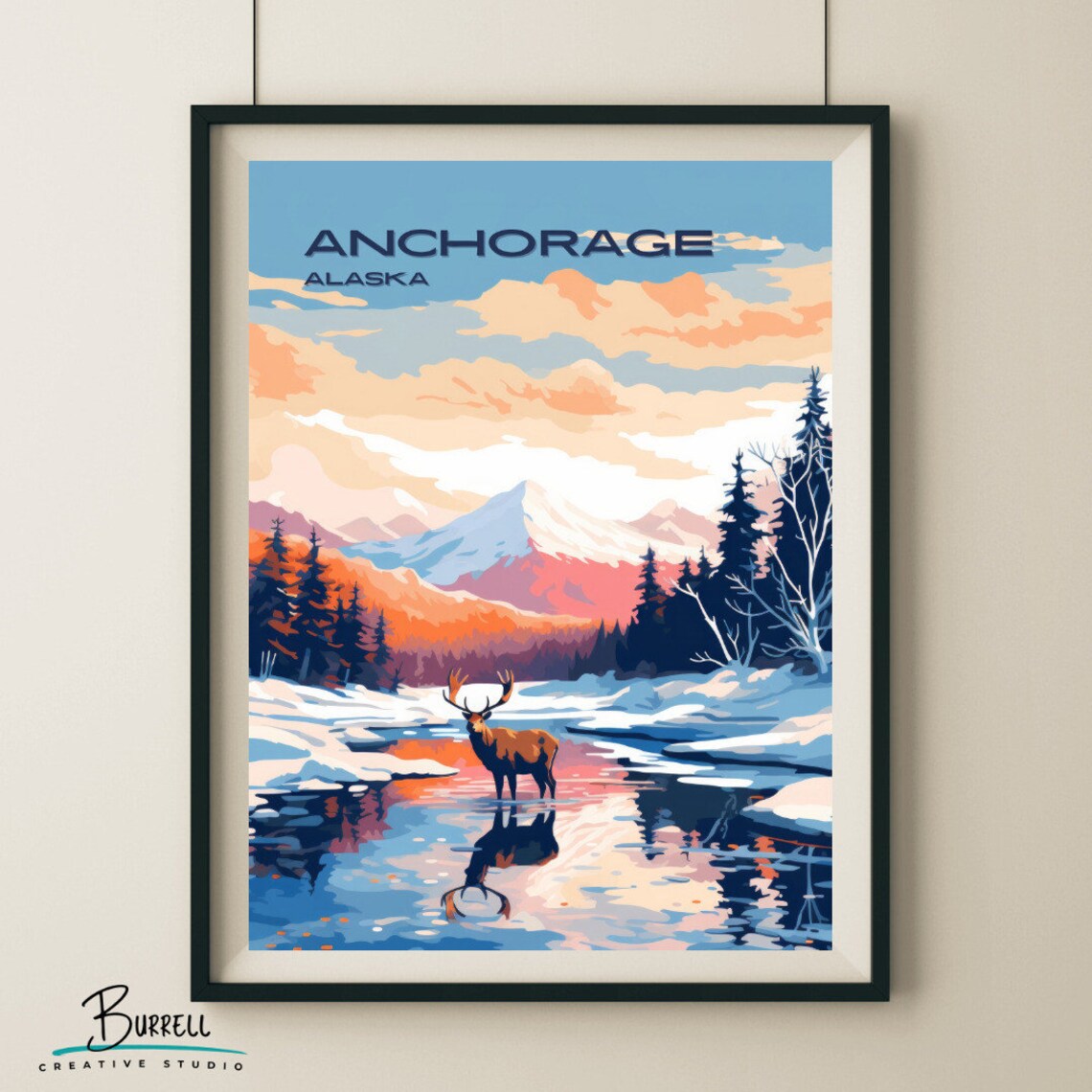 Anchorage Alaska Caribou In Snowy Stream Mountain View Poster