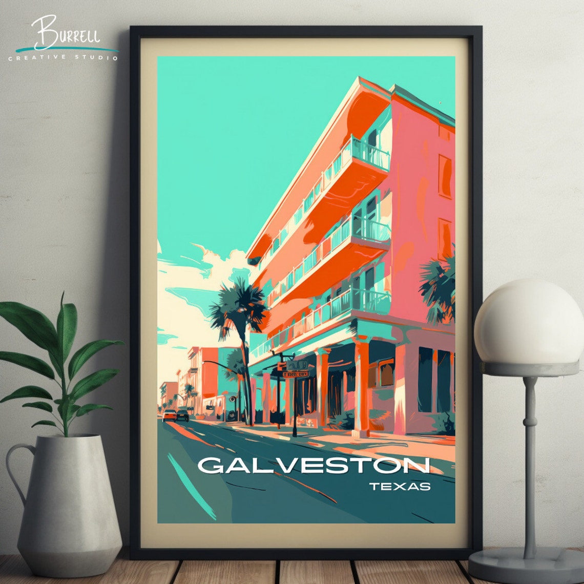 Galveston Texas Seawall Boulevard Pink Building Retro Travel Poster - Image 4