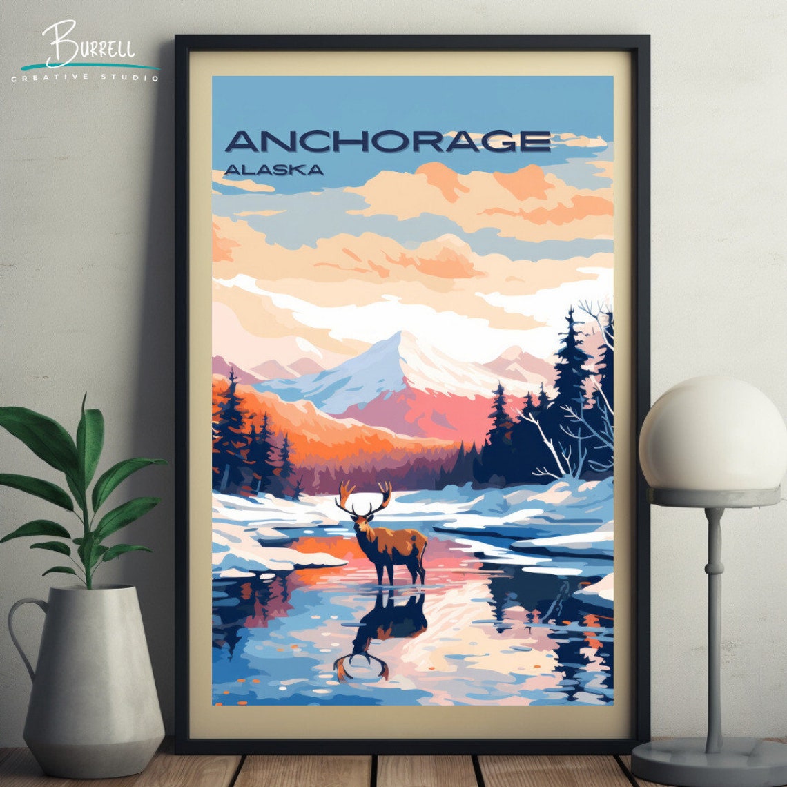Anchorage Alaska Caribou In Snowy Stream Mountain View Poster - Image 5