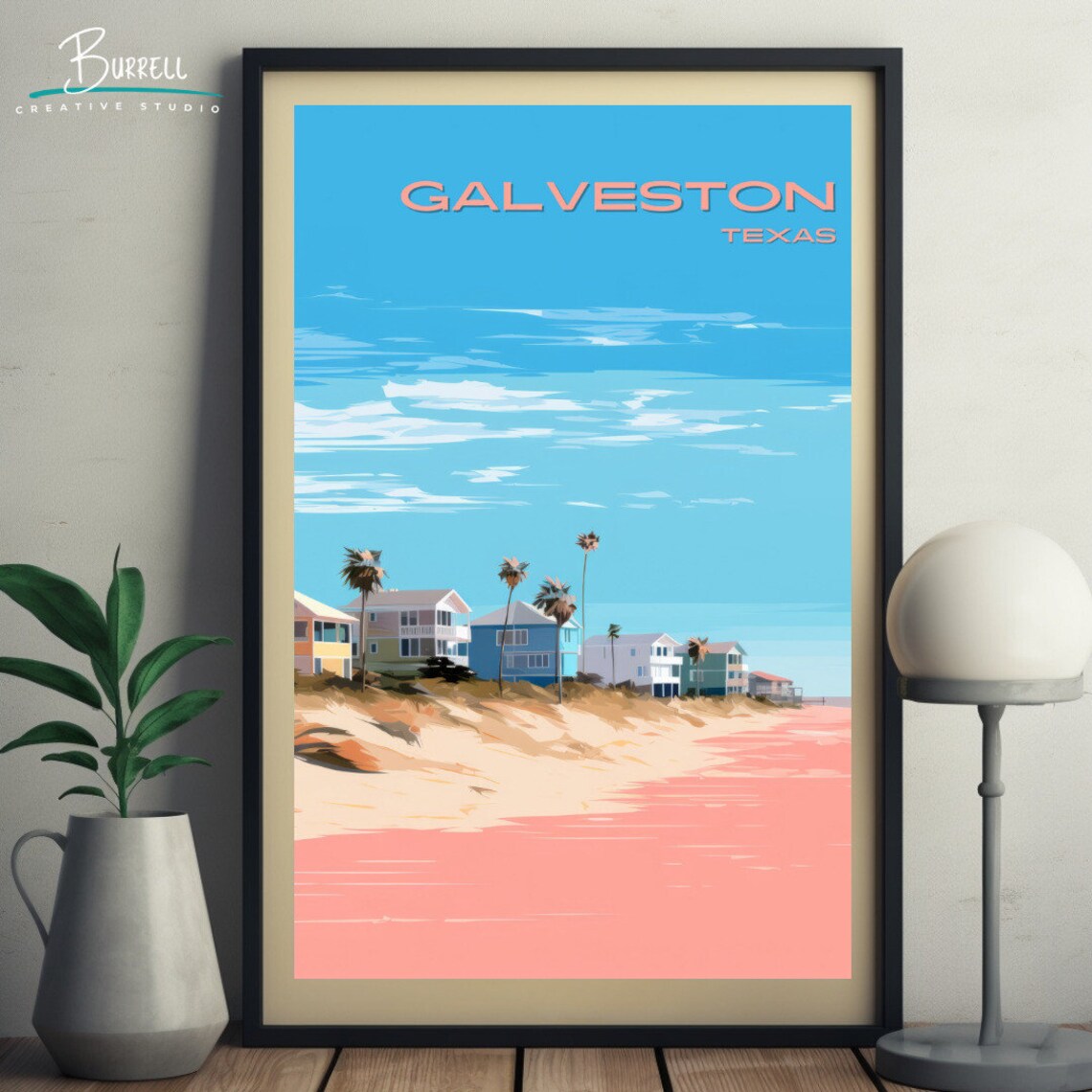 Galveston Texas Beach Houses Seaside Morning Coastal Travel Poster - Image 4