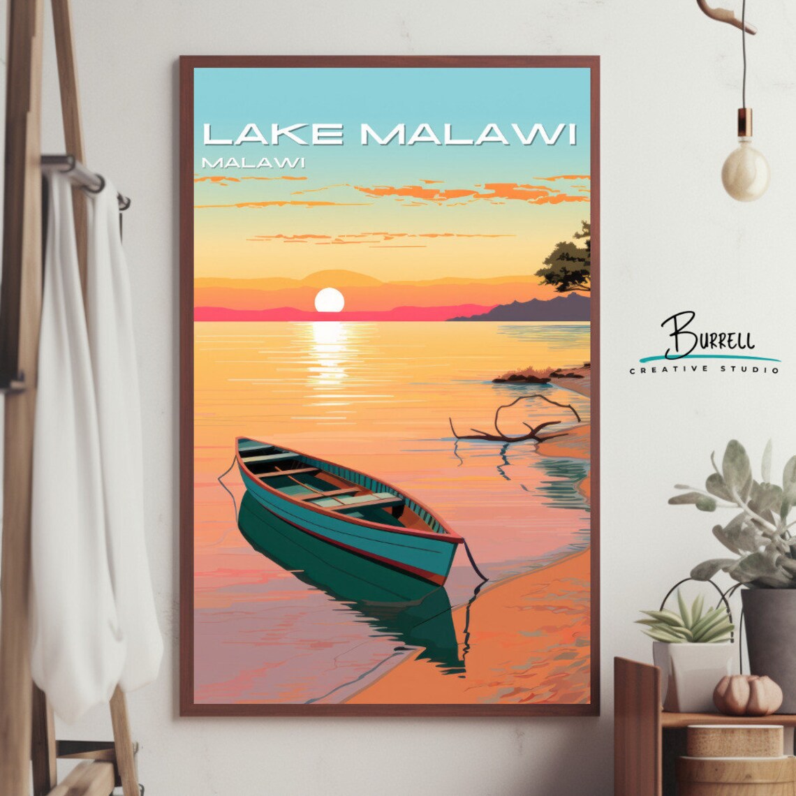 Lake Malawi Sunset Wooden Canoe Calm Shoreline African Travel Poster - Image 4