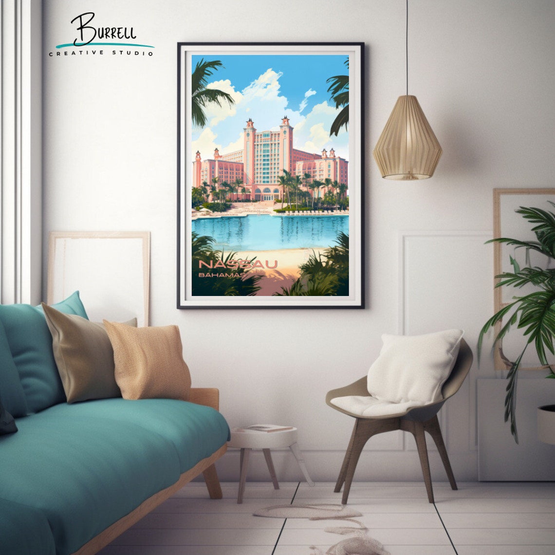 Nassau Bahamas Pink Resort Towers Lagoon Tropical Island Travel Poster - Image 3