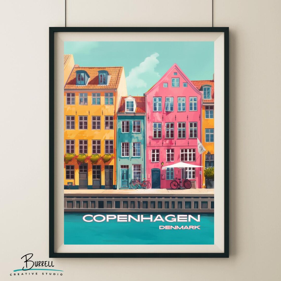 Copenhagen Denmark Nyhavn Waterfront Pastel Houses Bikes Travel Poster