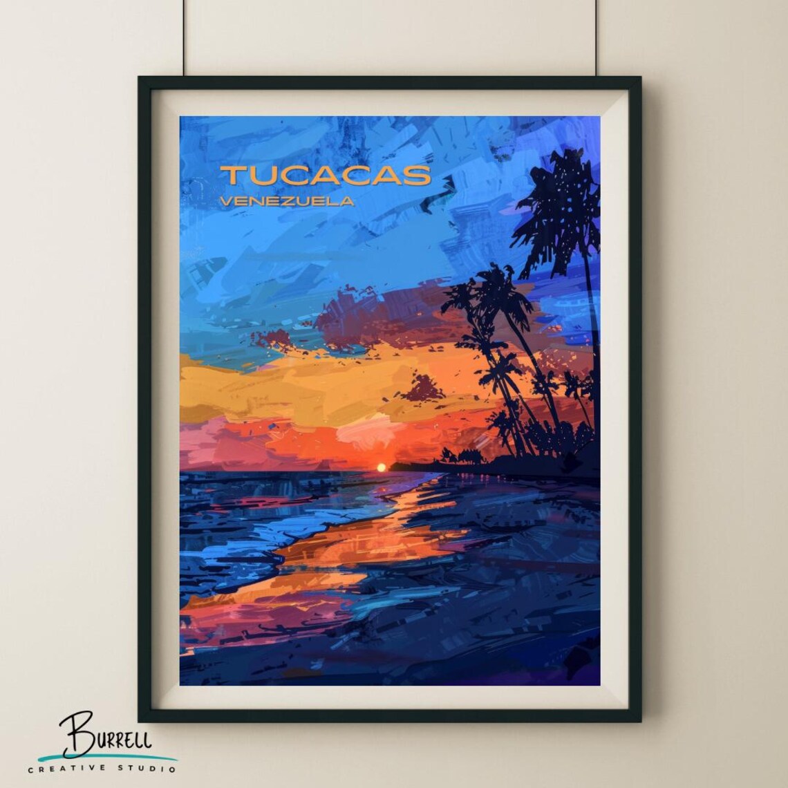Tucacas Venezuela Coastal Sunset Palm Silhouette Ocean Travel Poster
