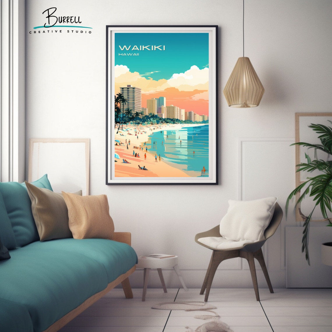 Waikiki Hawaii Beach High Rises Crowded Shore Sunset Travel Poster - Image 3