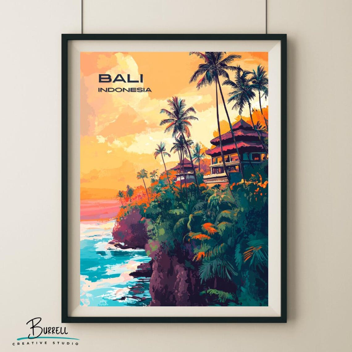 Bali Indonesia Clifftop Temple Palm Silhouette Ocean Sunset Poster