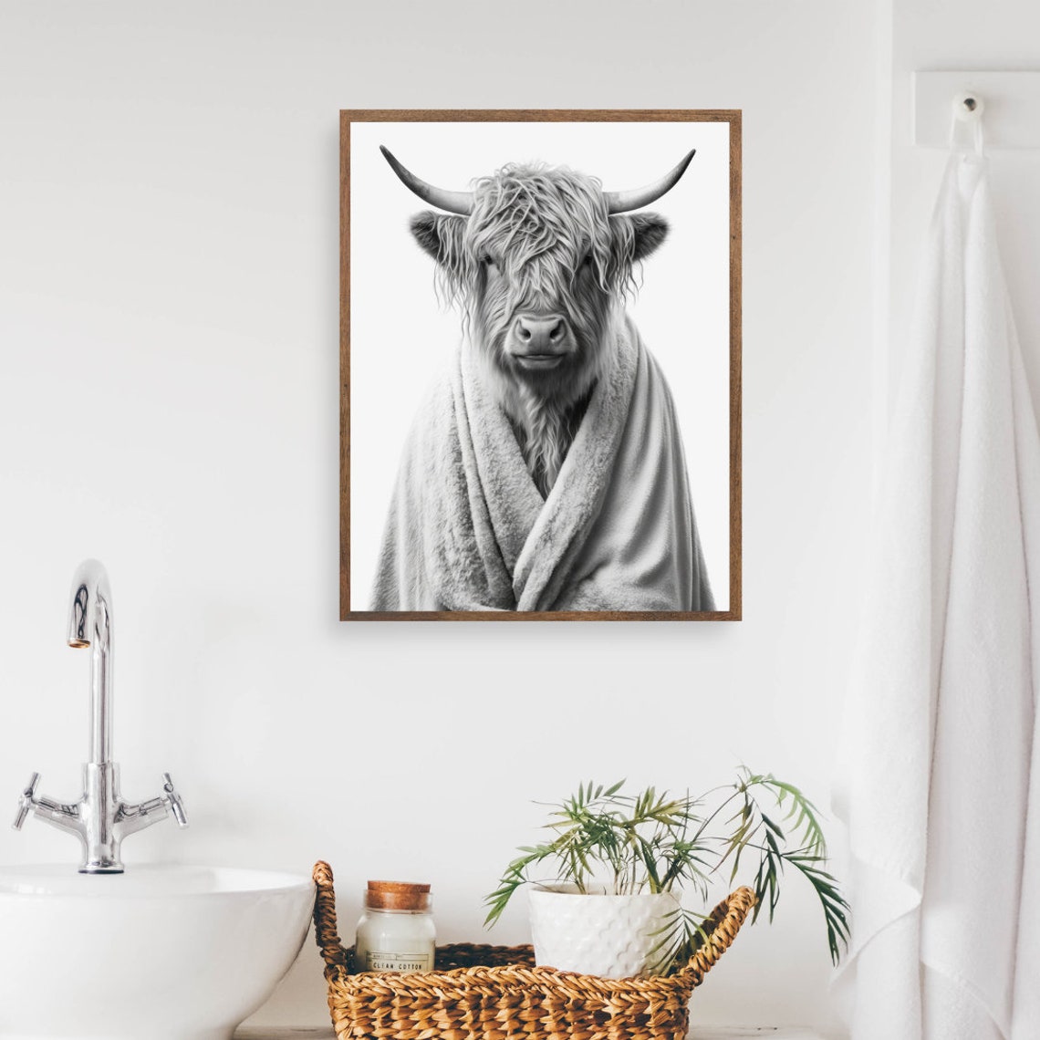 Highland Cow In White Bathrobe Funny Bathroom Animal Poster Fun