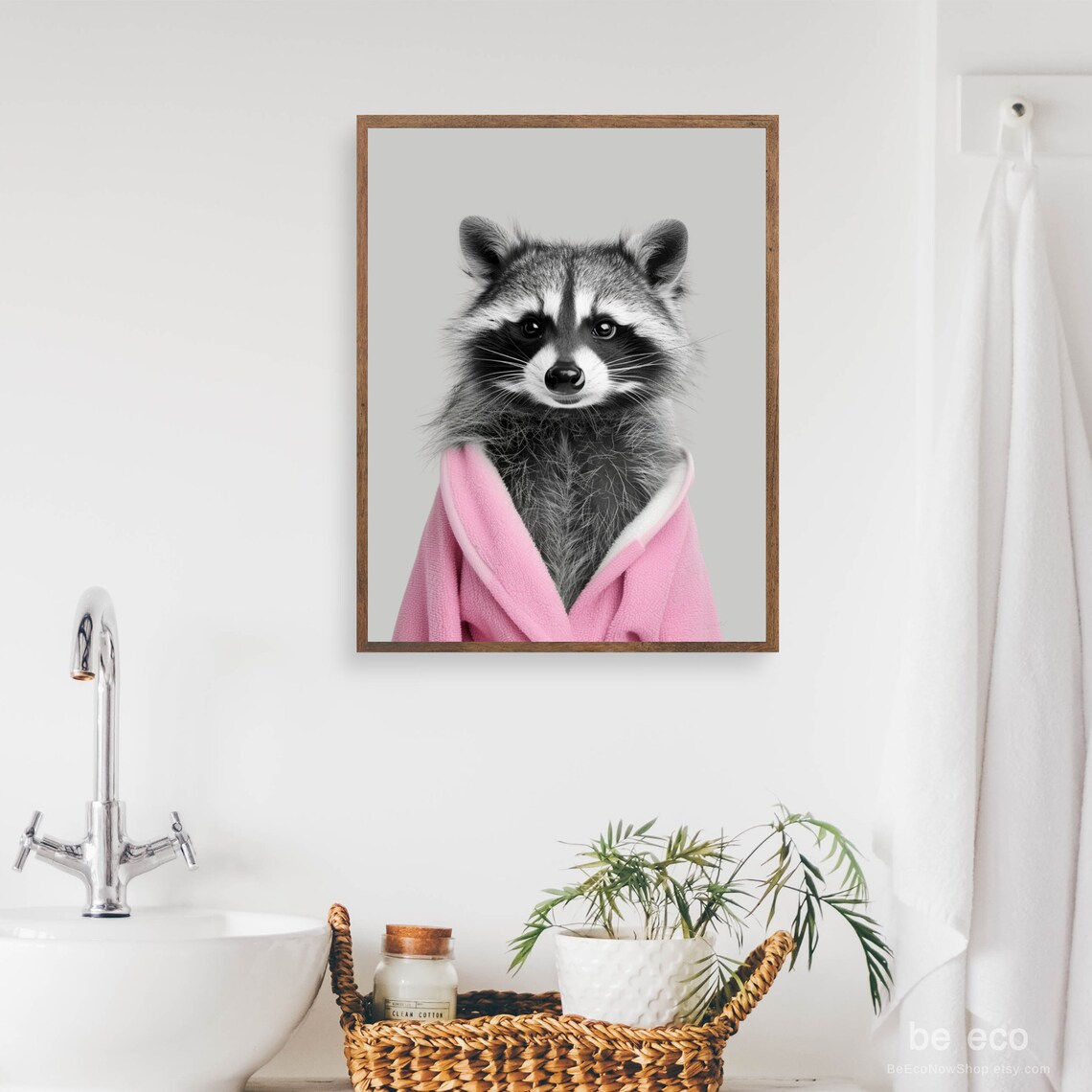 Raccoon In Pink Bathrobe Art Funny Bathroom Print