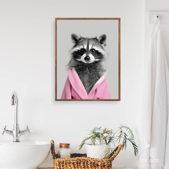 Raccoon In Pink Bathrobe Art Funny Bathroom Print
