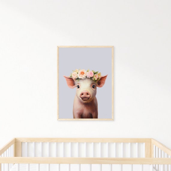 Floral Pig Nursery Print Girls Room Decor