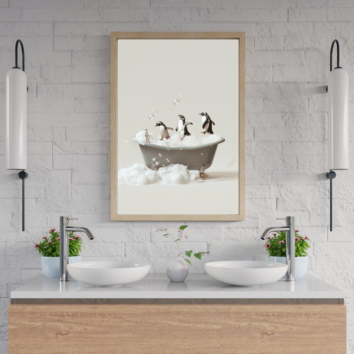 Penguin Chicks Bubble Bath Vintage Tub Funny Bathroom Animal Wall Art