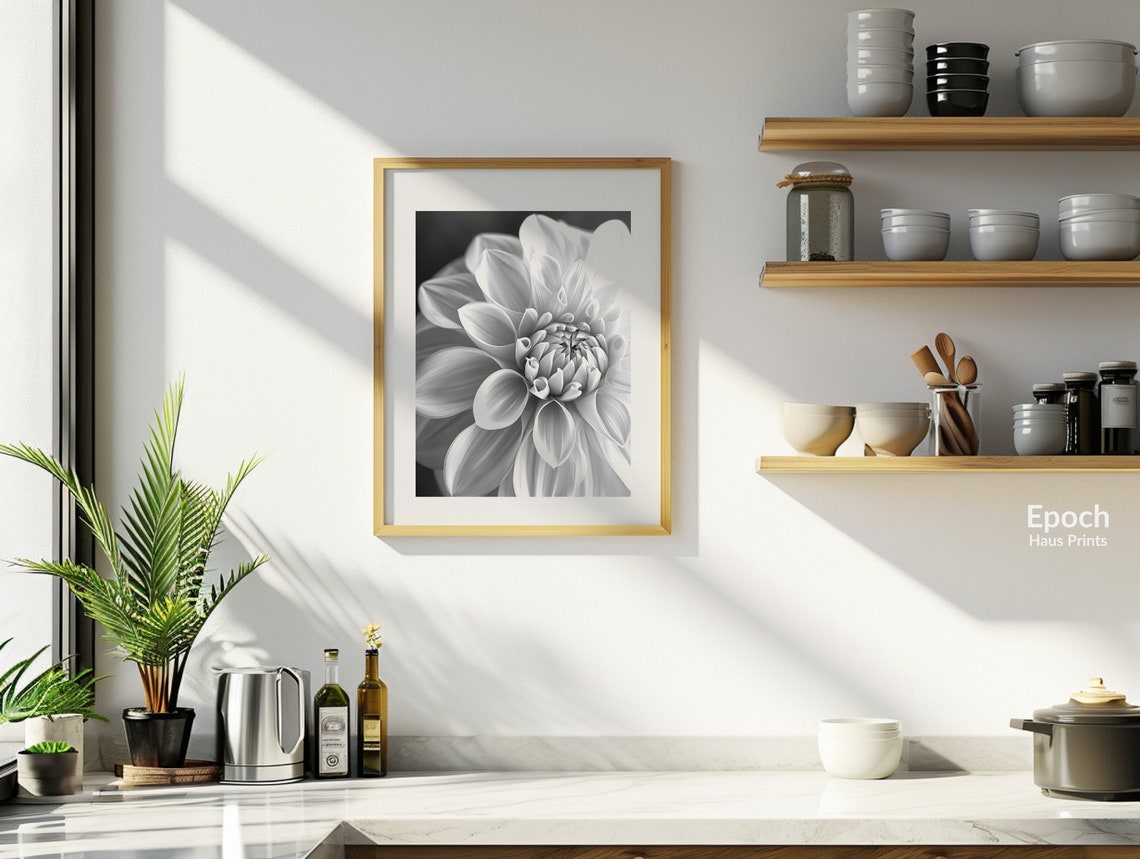 Dahlia Flower Macro Photo, Black And White Art Print - Image 2