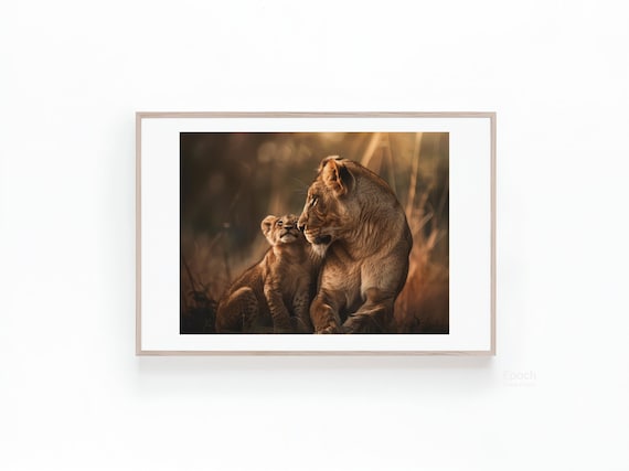 Lioness Nuzzling Her Cub in Warm Golden Savanna Light Poster