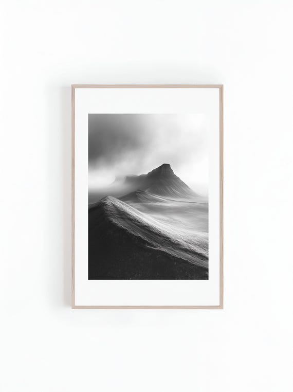 Photo Winding Trail Through Mountains Range Black And White Beautiful Landscape Photo Minimalist Wall Art Print Instant