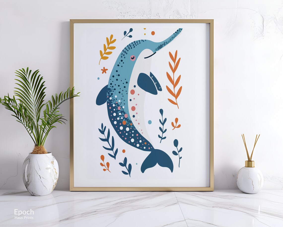 Cute Spotted Narwhal Illustration With Seaweed Kids Room Poster - Image 2