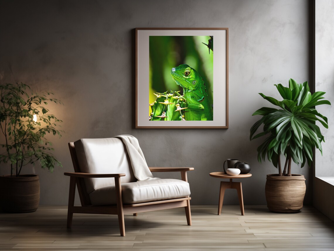 Green Iguana Perched On Cactus Close Up Wildlife Photo Poster - Image 2