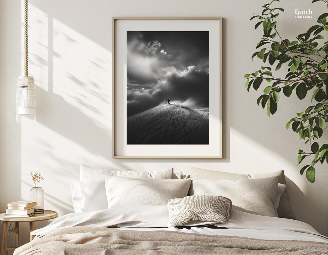 Skier On Snowy Mountain Ranges, Back Country Skiing Art Print - Image 2