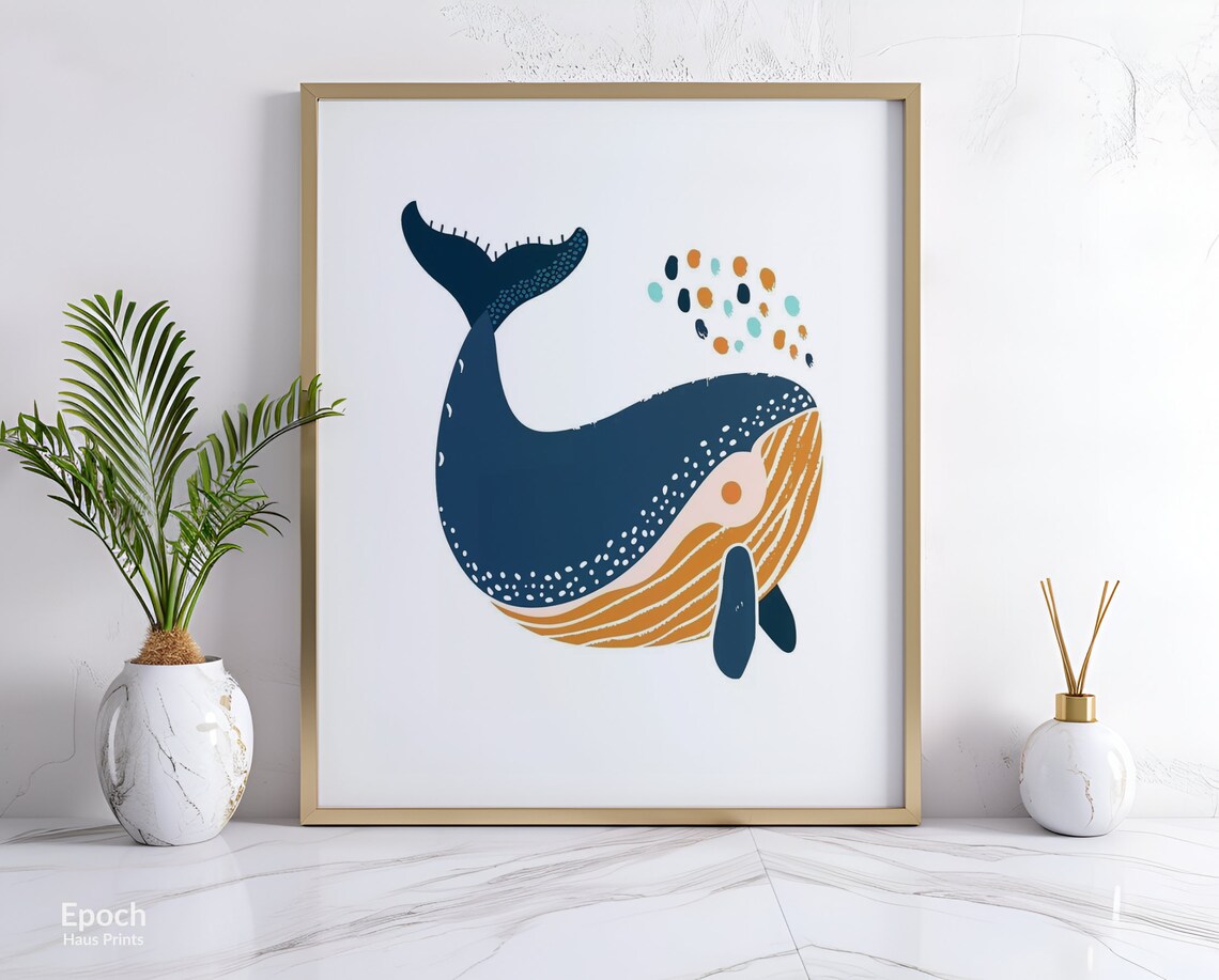 Playful Blue Whale Diving With Spout Kids Room Illustration Poster - Image 2
