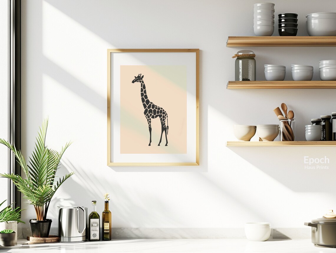 Black Giraffe Silhouette On Beige Minimalist Modern Wall Art - Image 2