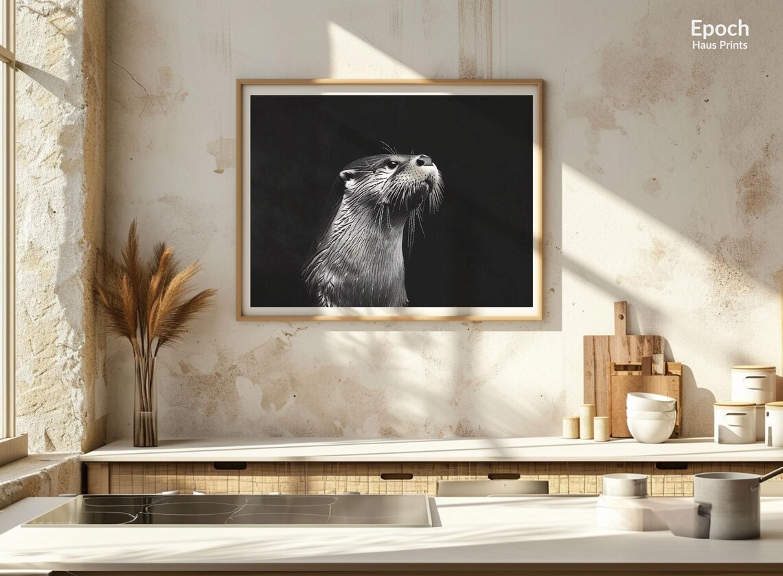 Otter Portrait Against a Dark Background in Black and White Poster - Image 2