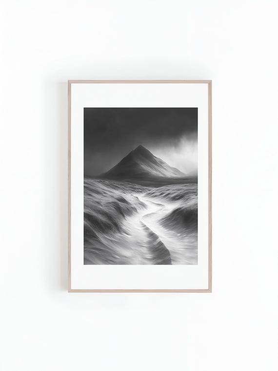 Photo Winding Trail Through Mountains Range Black And White Beautiful Landscape Photo Minimalist Wall Art Print Instant