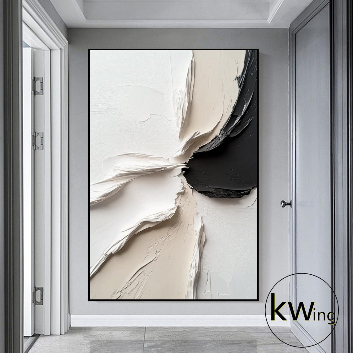 White Beige Black Abstract Brushstroke 3D Texture Painting Art Poster - Image 3