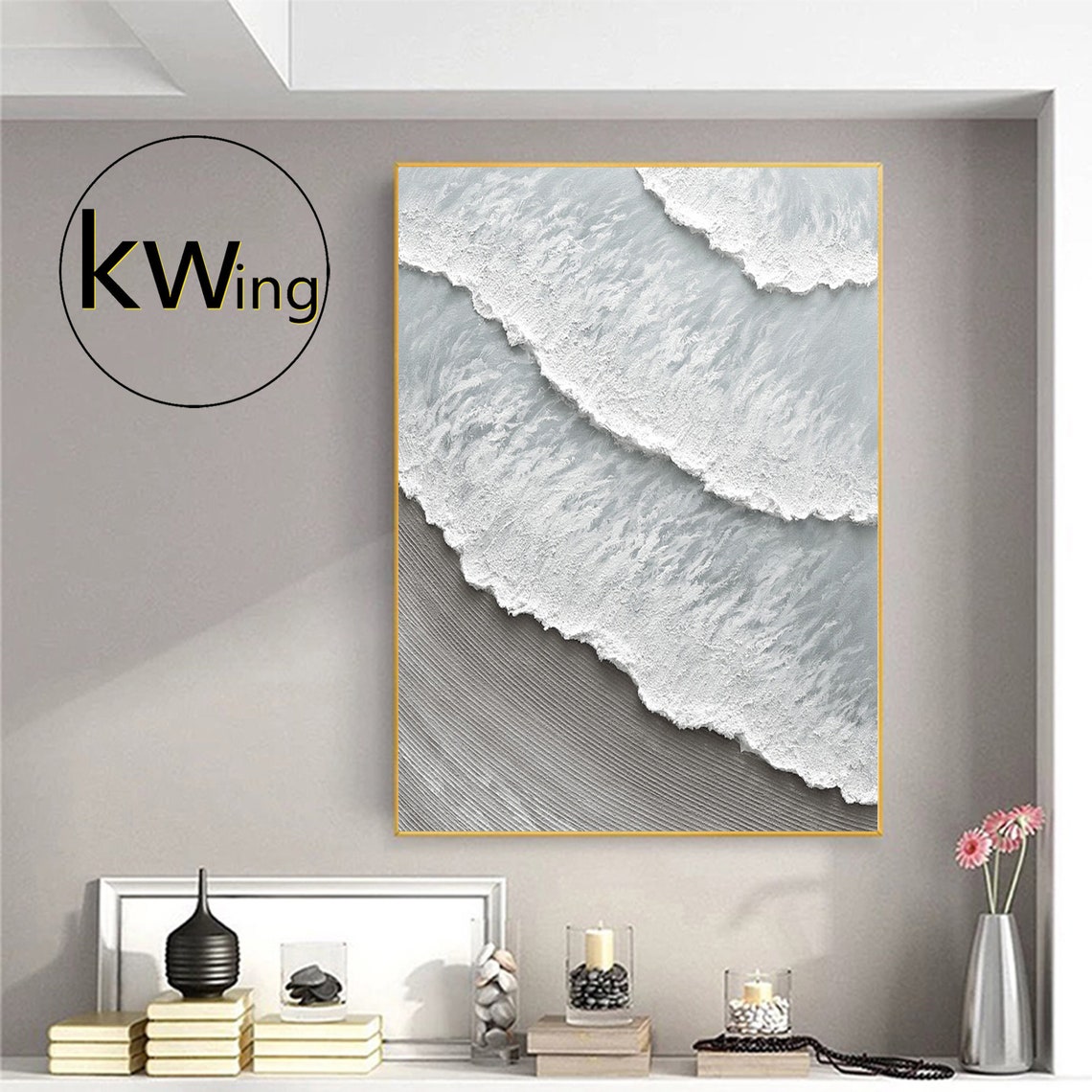 Aerial White Ocean Waves Gray Sand Textured Coastal Art Poster - Image 2
