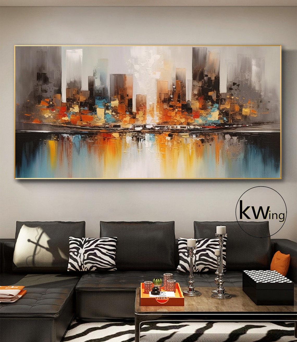 Abstract Urban Skyline Orange Teal Water Reflection Texture Art Poster - Image 4