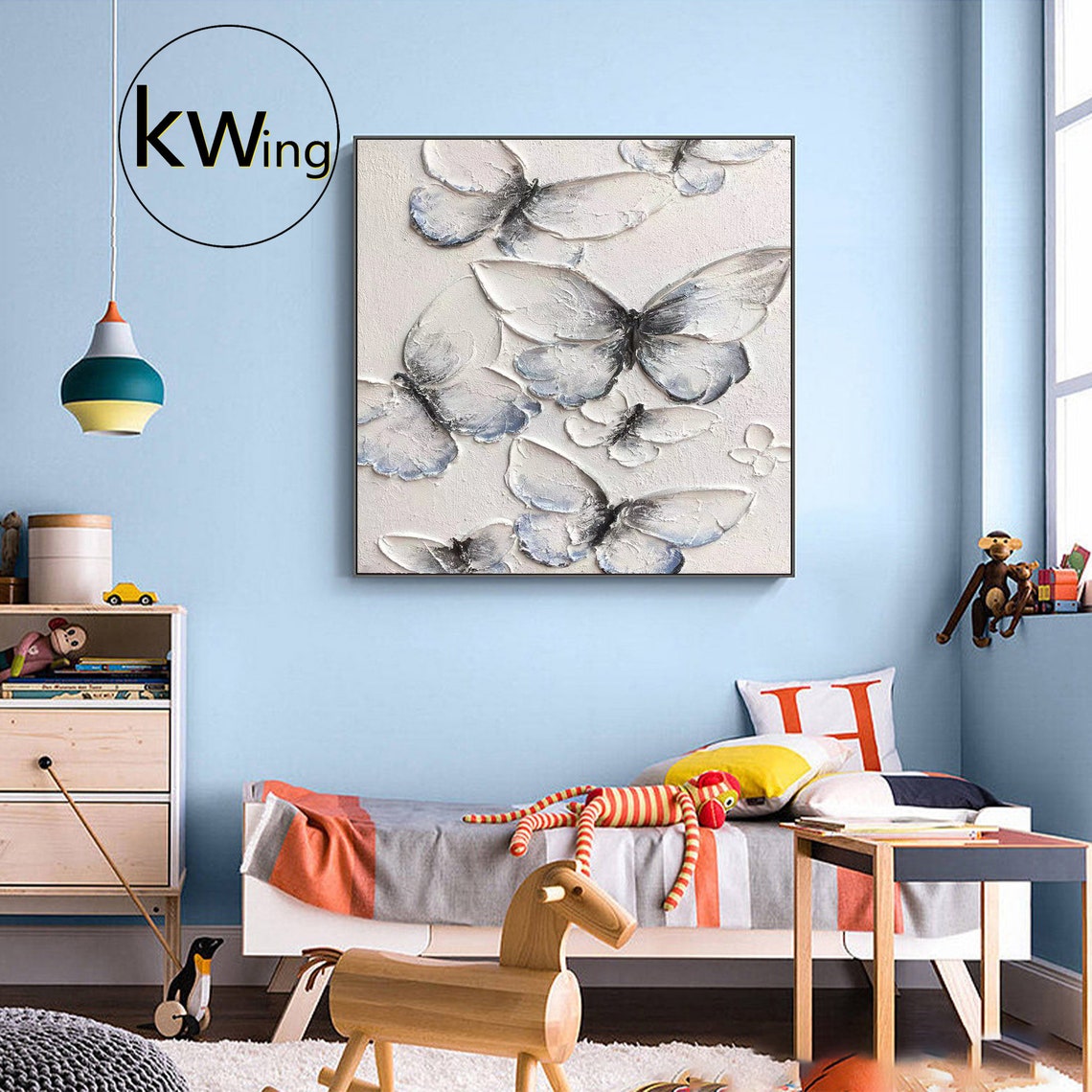 White Blue Butterfly 3D Texture Abstract Painting Square Modern Poster - Image 5