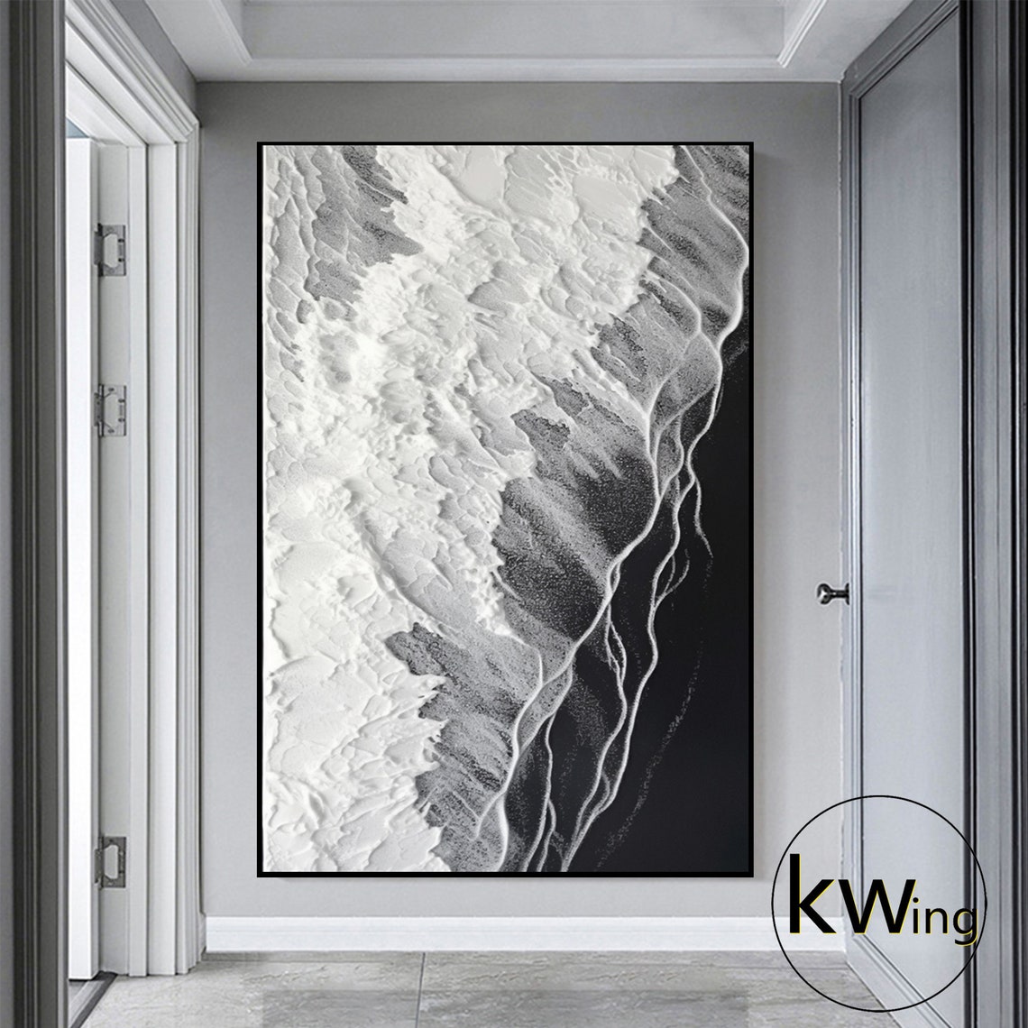 Black White Ocean Wave Aerial View 3D Texture Abstract Art Poster - Image 3