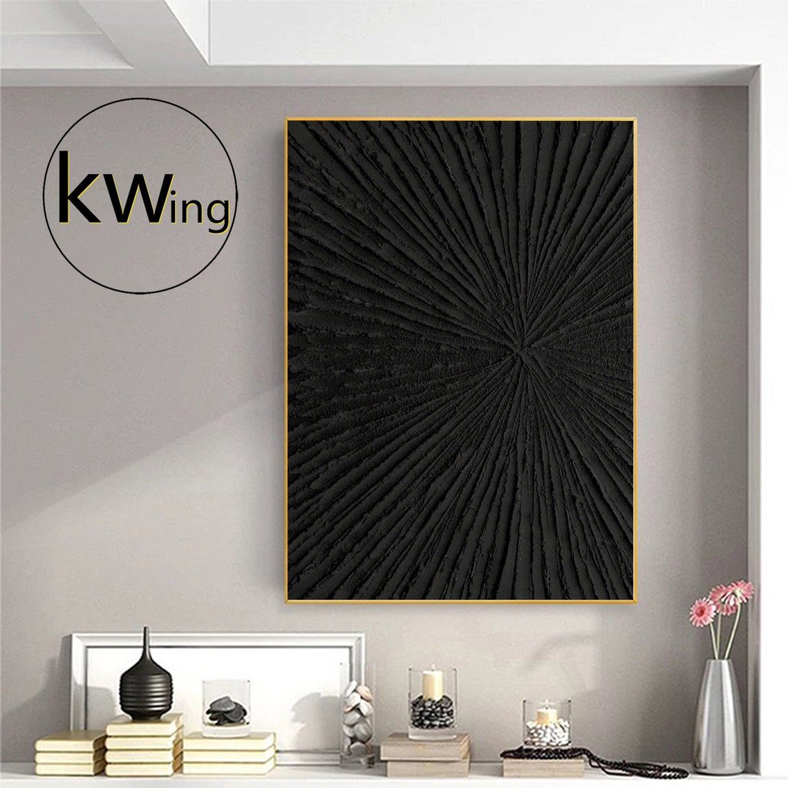 Black Sunburst 3D Textured Abstract Painting Radial Minimalist Poster - Image 2