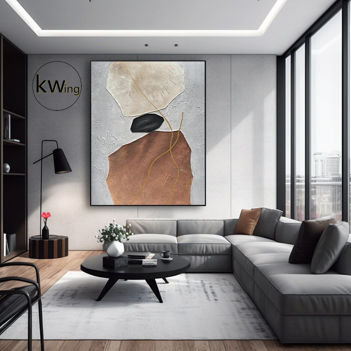 Brown Beige Stone Shapes Gold Line Abstract Textured Modern Art Poster - Image 2