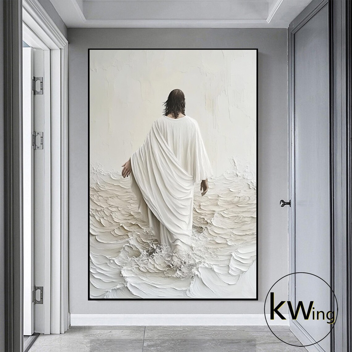 Jesus Walking on White Waves Textured Impasto Faith Wall Art Poster - Image 3