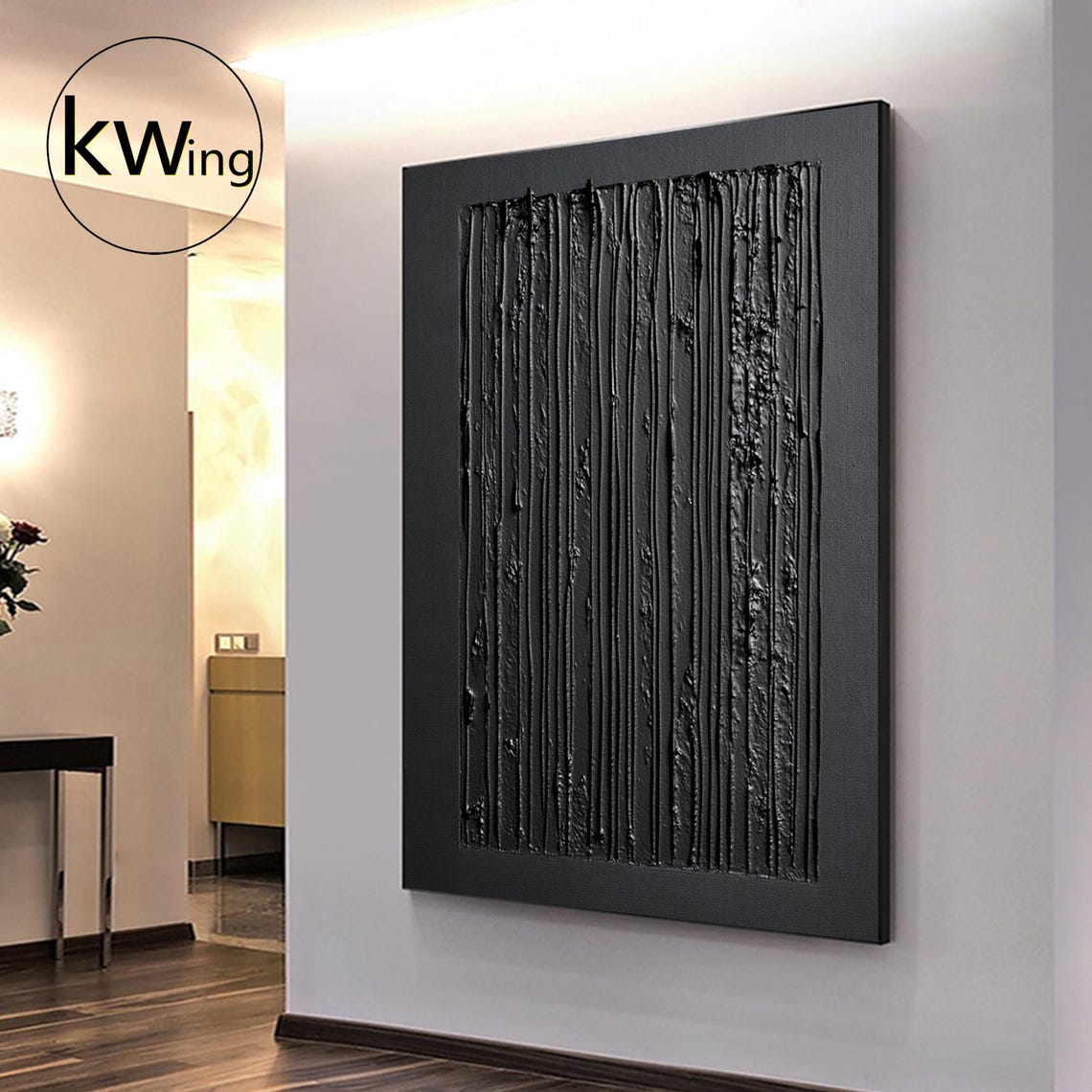 Black Vertical Drip 3D Texture Abstract Painting Moody Dark Art Poster - Image 4