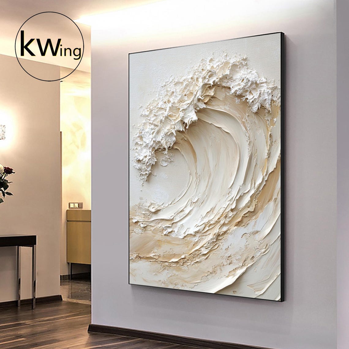Beige White Curling Ocean Wave 3D Texture Painting Wall Art Poster - Image 4