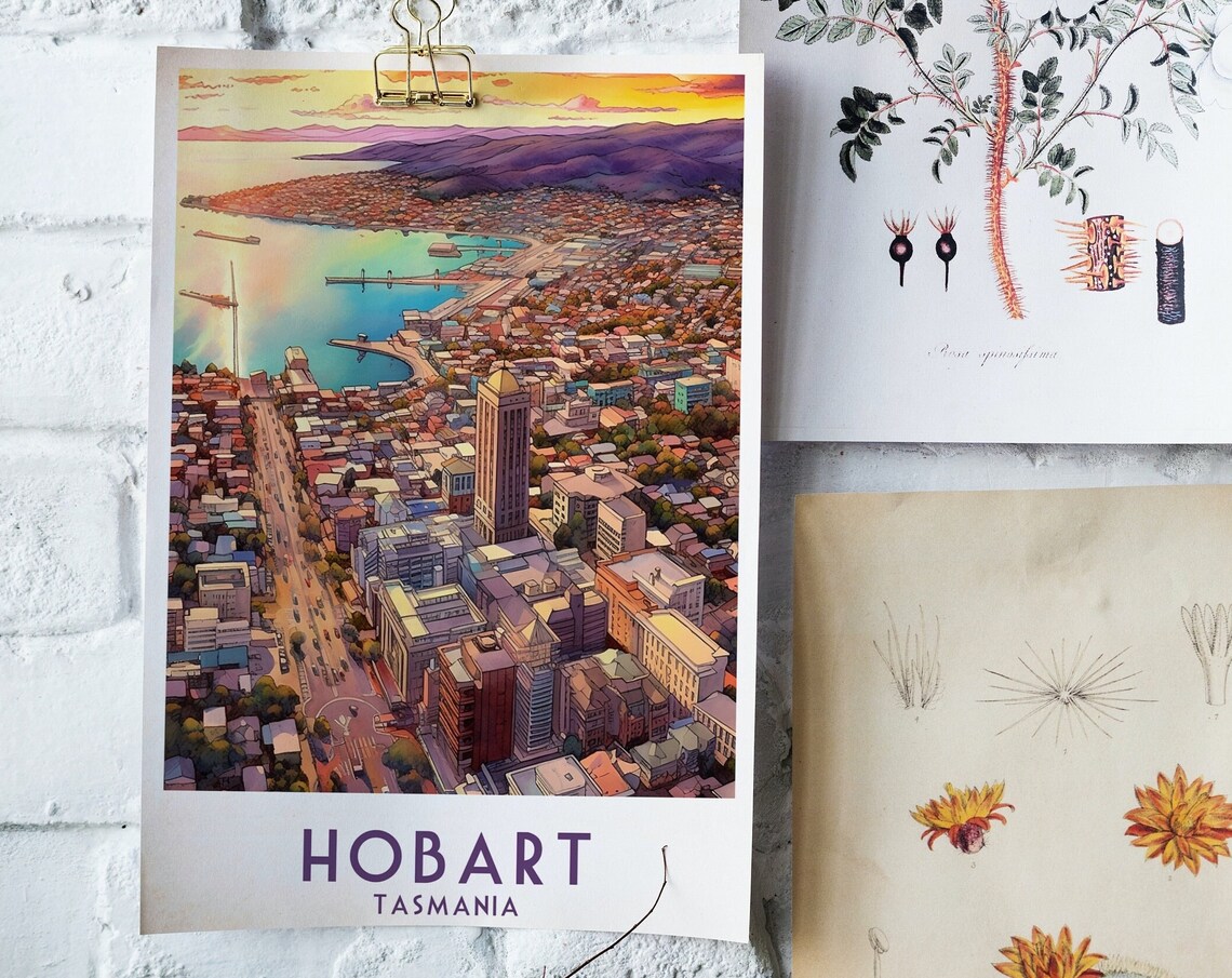 Hobart Tasmania Harbor Aerial Sunset Cityscape Travel Poster - Image 2