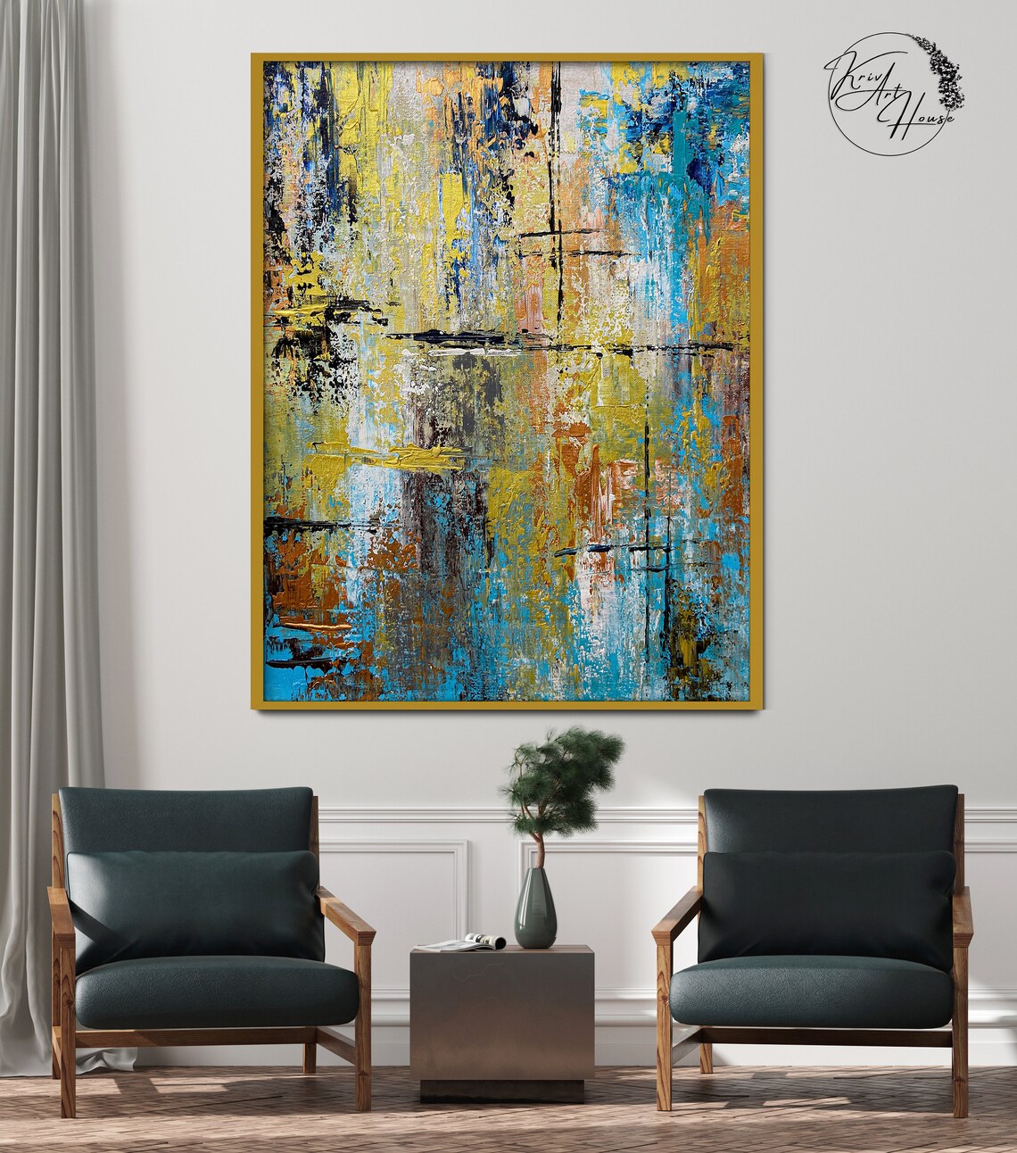 Yellow Blue Grid Urban Textured Abstract Painting Modern Wall Poster - Image 3