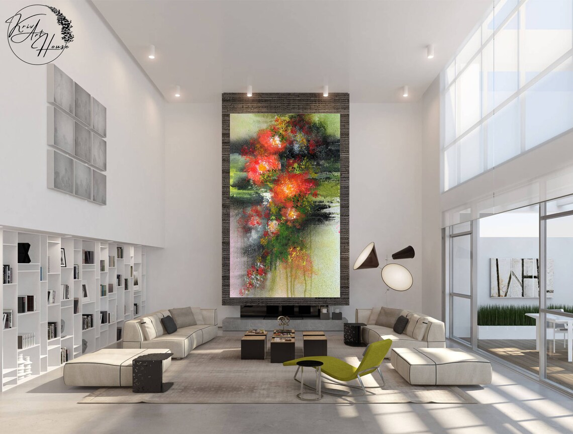 Red and Green Abstract Floral Modern Painting Vibrant Wall Poster - Image 2