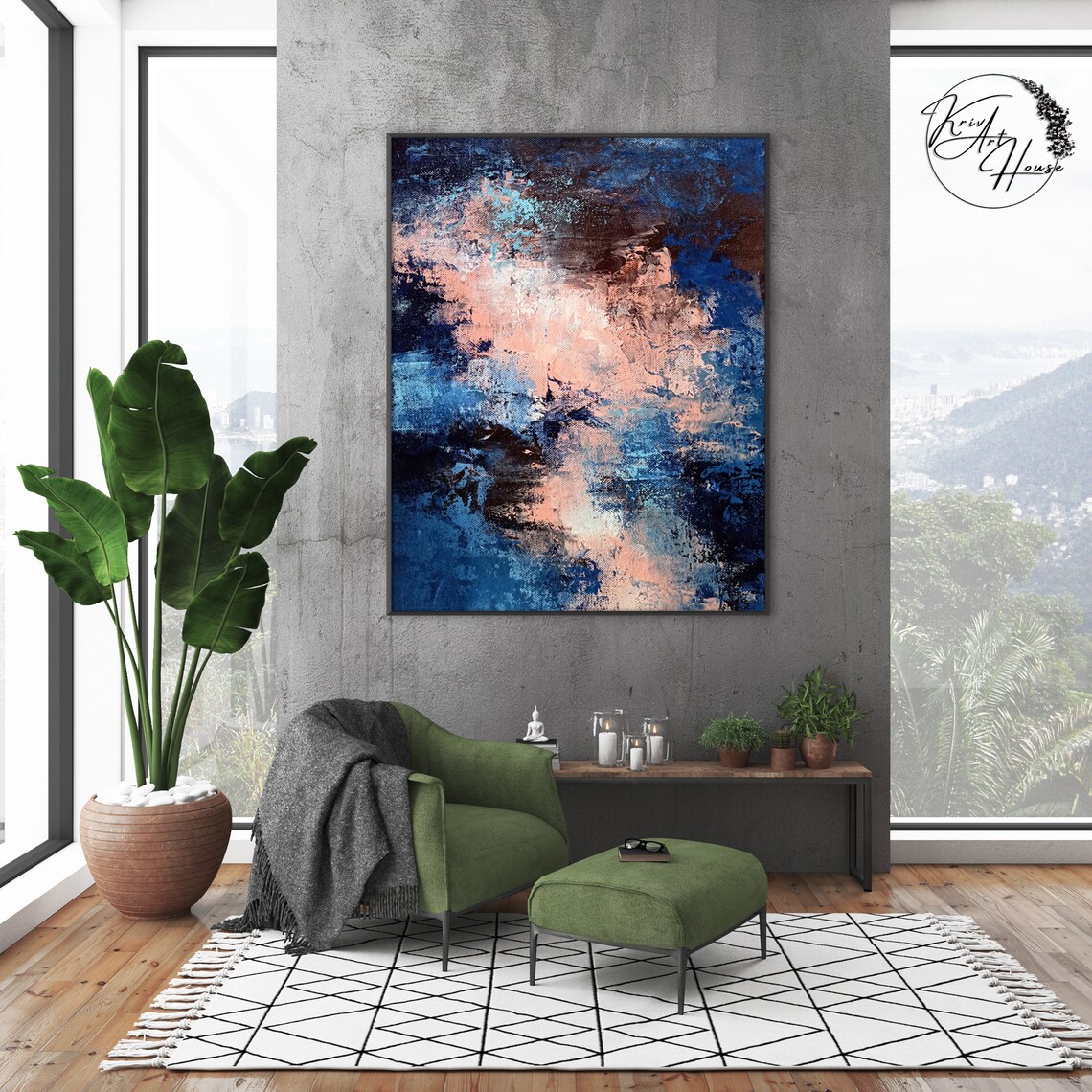 Navy Blue and Pink Dreamy Textured Abstract Vertical Art Poster - Image 2