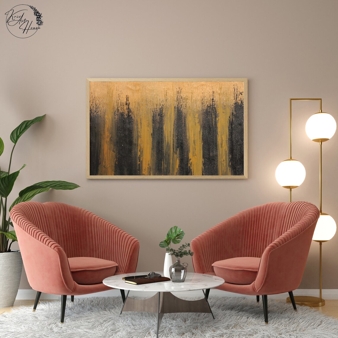 Black and Gold Striped Textured Abstract Horizontal Art Poster - Image 2