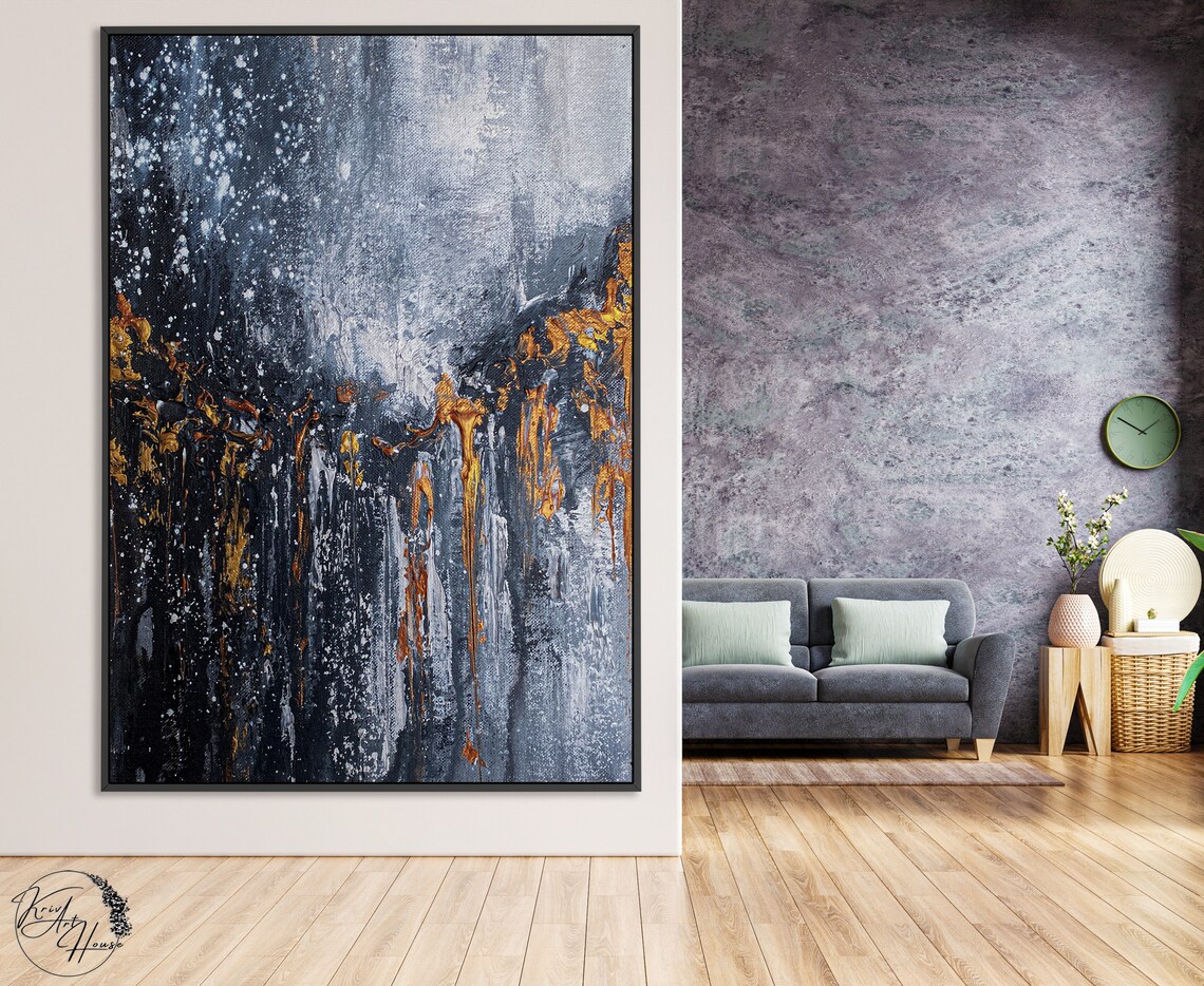 Dark Navy Gold Night Ocean Textured Abstract Horizontal Poster - Image 4