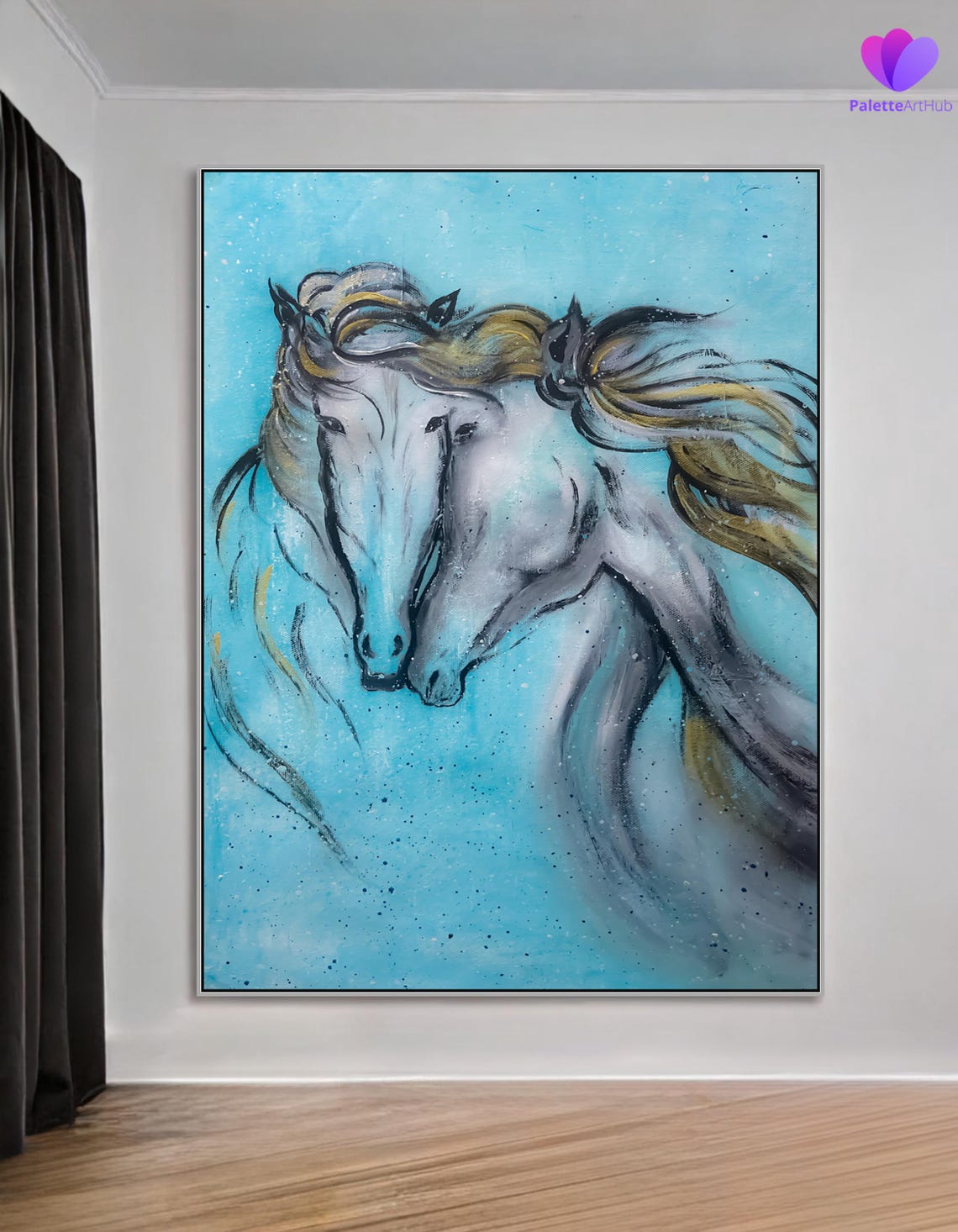 Twin Graceful White Horses Turquoise Abstract Equine Wall Art - Image 2