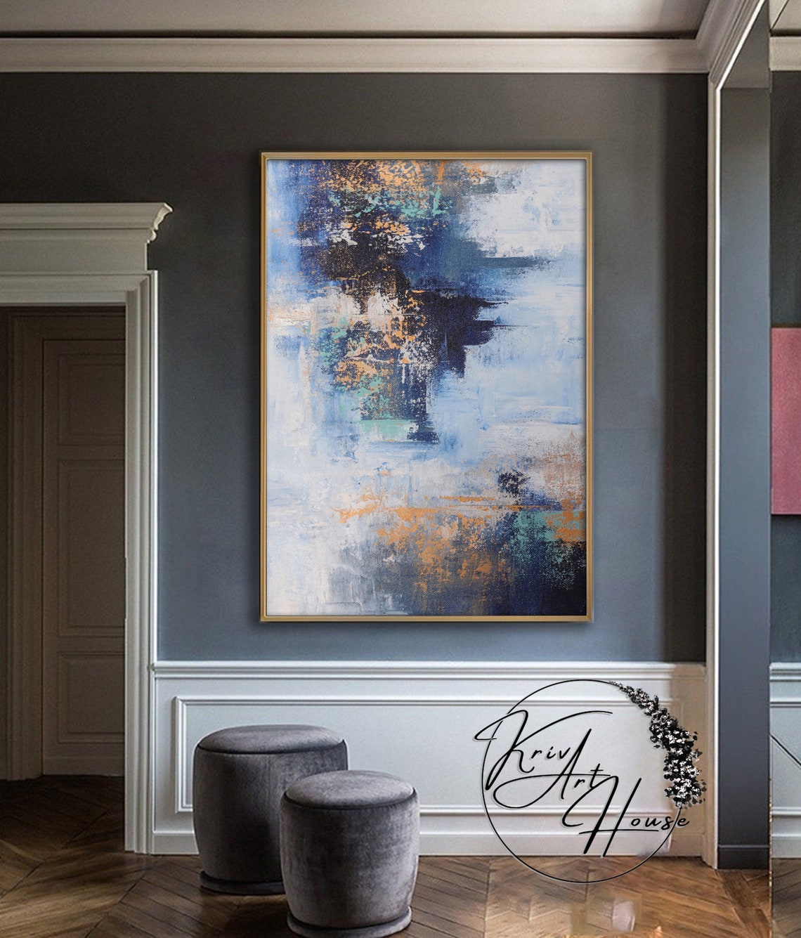 Light Blue White Orange Airy Textured Abstract Vertical Poster - Image 2